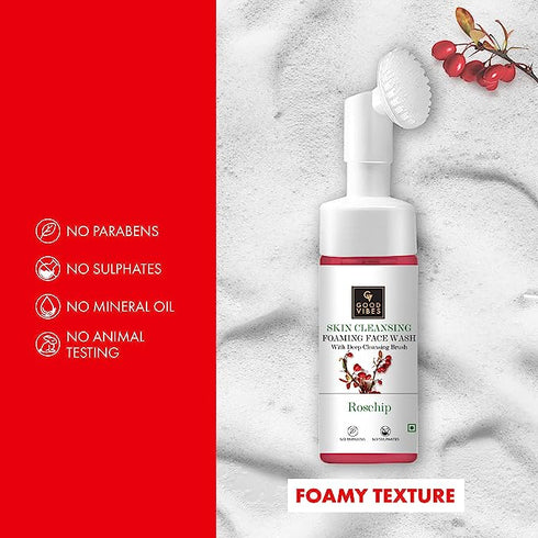 Good Vibes Rosehip Skin Clearing Foaming Face Wash With Deep Cleansing Brush