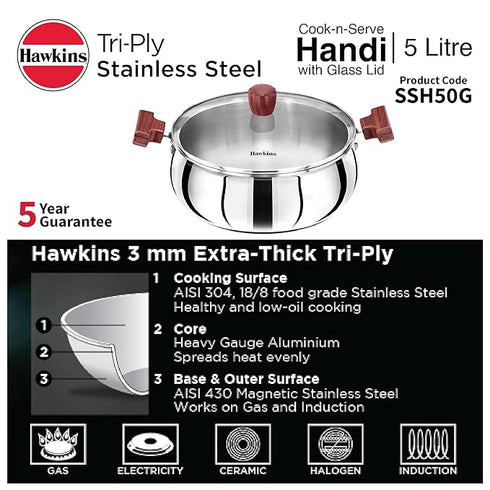 Hawkins TriPly Stainless Steel Cook n Serve Handi with Glass Lid 5 L (SSH50G)