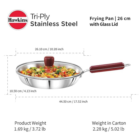 Hawkins TriPly Fry Pan 26 cm Diameter with Lid 1.8 L Capacity (SSF26G)