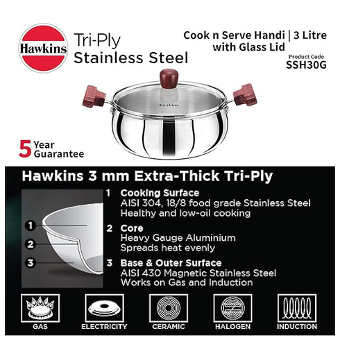 Hawkins TriPly Cook n Serve Handi with Glass Lid 22 cm Diameter 3 L (SSH30G)