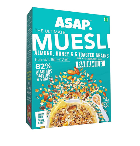 ASAP Wholegrain Muesli Badam Milk Almonds Raisins and 5 Toasted Grains Healthy Multigrain Granola with Nuts 420g