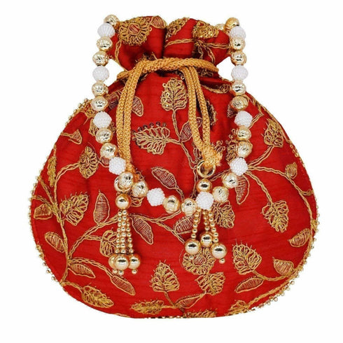 Ethnic Silk Potli bag Clutch Batwa Pouch with Embroidery and Metal Bead work Gift For Women