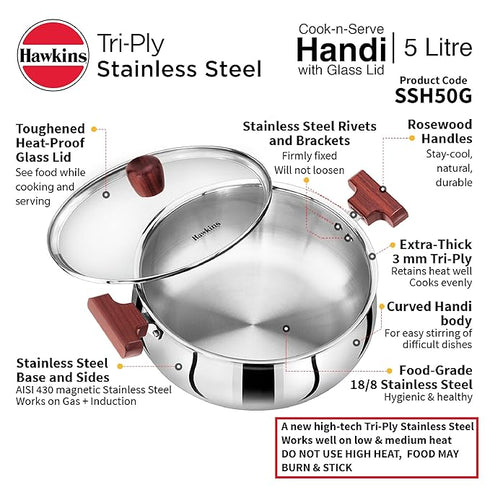 Hawkins TriPly Stainless Steel Cook n Serve Handi with Glass Lid 5 L (SSH50G)