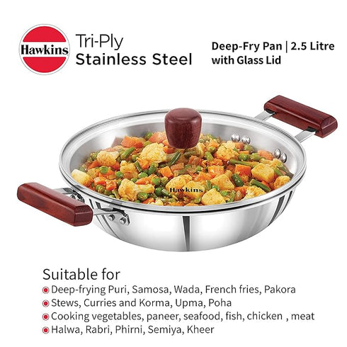 Hawkins TriPly Stainless Steel Deep Fry Pan Kadhai 26 cm Diameter 2.5 L
