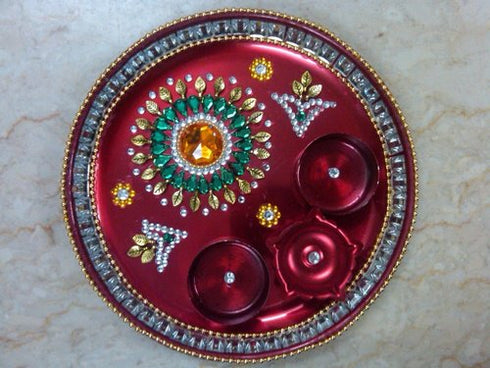 Decorated aarti plate with white and green kundans - 300gms