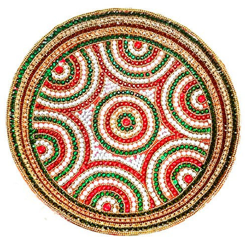 Decorated aarti plate Red, White and green kundans - 300gms