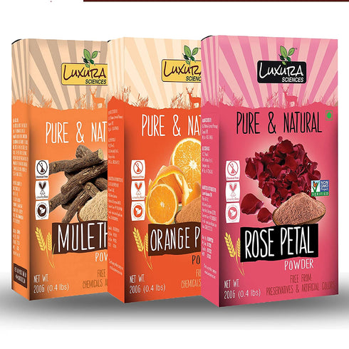 Luxura Sciences Natural Skin Care Set 200 Grams * 3 Pcs (Skin Brightening Set (Mulethi +Orange Peel + Rose))