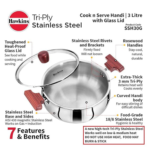 Hawkins TriPly Cook n Serve Handi with Glass Lid 22 cm Diameter 3 L (SSH30G)