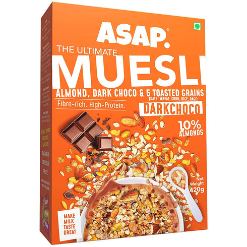 ASAP Wholegrain High Protein Breakfast Muesli Flavour of Dark Chocolate Almonds Raisins and 5 Toasted Grains with Nuts 420g
