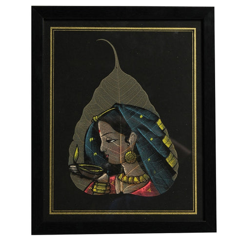 Leaf Painting Of Lady With Diya