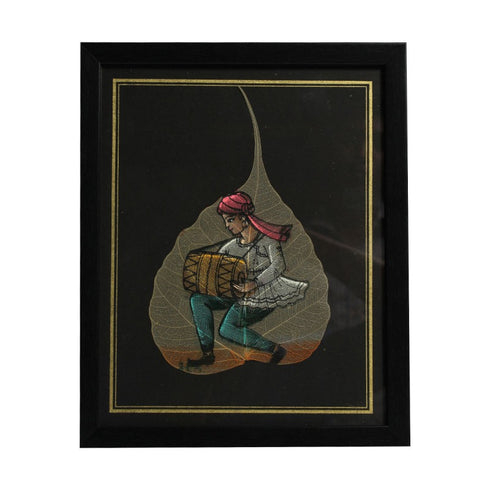 Leaf Painting Of Man With Drummer
