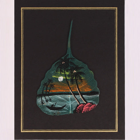 Leaf Painting Of Sea Shore With Moon