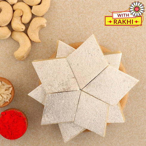 Blue Peacock Zardosi Rakhi and Kaju Katli Box