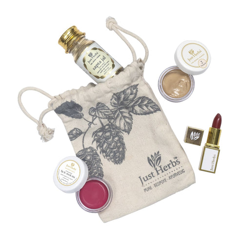Just Herbs Ayurvedic Make-up Essentials Kit - GWP Miceller Water-35ml, Skin Tint-8g, Cheek Tint-4g, Lipstick-2g