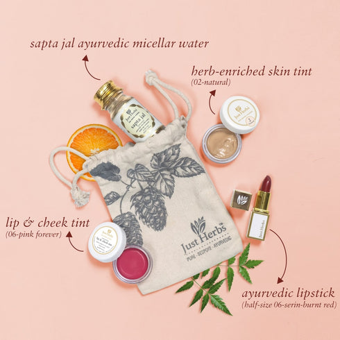 Just Herbs Ayurvedic Make-up Essentials Kit - GWP Miceller Water-35ml, Skin Tint-8g, Cheek Tint-4g, Lipstick-2g