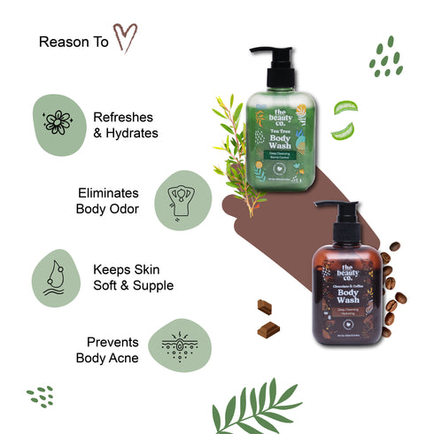 the beauty co Shower Routine Tea Tree and Choco Coffee Body Wash and Bergamot Essential Oil