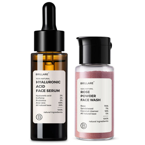 Brillare 2% Hyaluronic Acid Face Serum and Rose Powder Face Wash With Jade Roller
