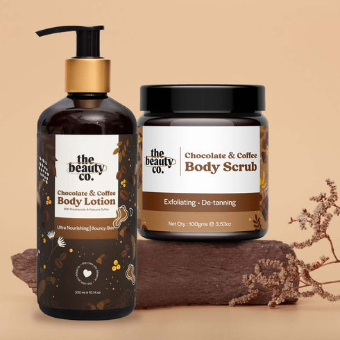 the beauty co Choco Coffee Selfcare combo Body Scrub and Lotion and French Lavender Essential Oil