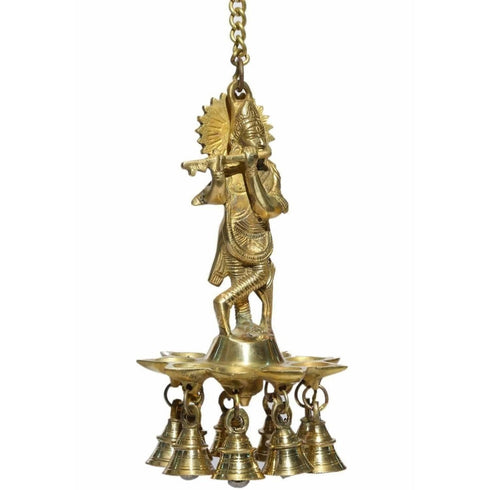 Lord Krishna Hanging Diya/Lamp With Bell / Lord Krishna Deepam Stand