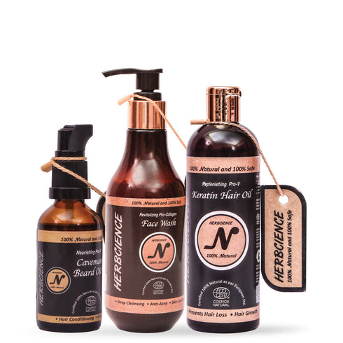 Herb Cience Men Care Combo | Beard Oil 50ml Face Wash 250ml Hair Oil 200ml