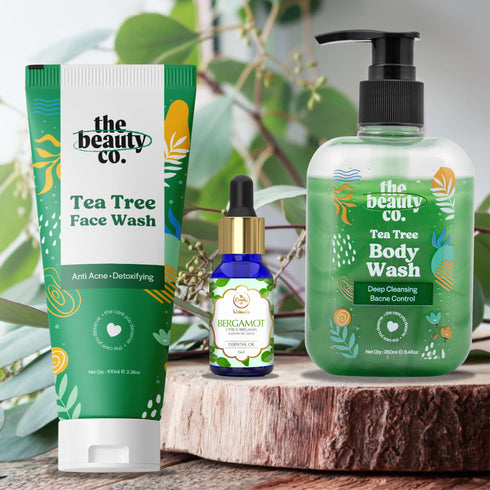 the beauty co Acne Control Kit | Tea Tree Body Wash and Face Wash and Bergamot Essential Oil