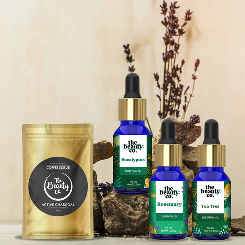 the beauty co Therapeutic Essential Oils Combo | Set of 3 and Charcoal Scrub