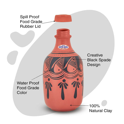 Mitticool Clay Water Bottle Black Spade Design 1.25 Liter