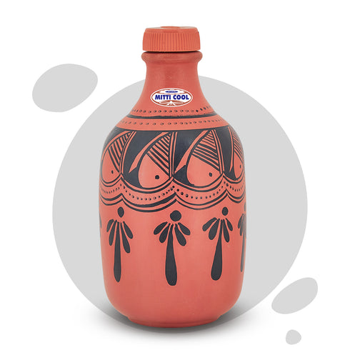 Mitticool Clay Water Bottle Black Spade Design 1.25 Liter
