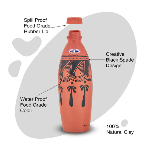Mitticool Clay Water Bottle Black Spade Design 1 Liter