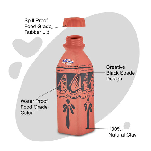 Mitticool Clay Water Bottle Black spade Design 400 ml