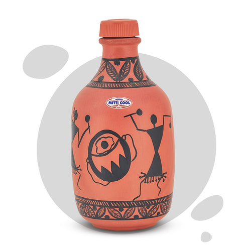 Mitticool Clay Water Bottle Warli Timpany Design 1.25 Liter