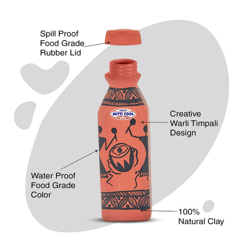 Mitticool Clay Water Bottle Warli Timpany Design 400 ml
