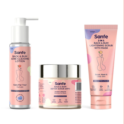 Sanfe Ctm Combo : Sanfe Back & Bum Acne Clearing Lotion - 100ml + Sanfe Back & Bum Detox Scrub-Dry - 100Gm + Sanfe 2 In 1 Back And Bum Lightening Scrub With Mask 100Gm