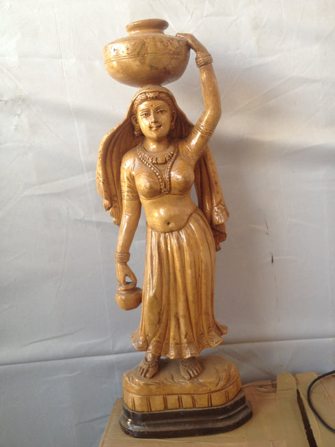 White Wood Lady With A Pot Statue