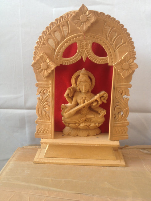 White Wood Goddess Saraswathi Idol With Frame