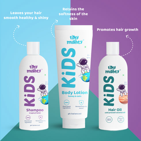 Tiny Mighty Kids Head To Toe Care Pack Hair Shampoo + Body Lotion +Hair Oil