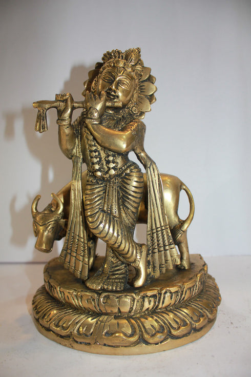 Brass Krishna With Cow God Statue 3184g