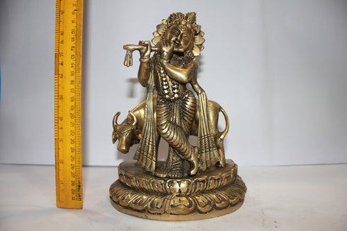 Brass Krishna With Cow God Statue 3184g