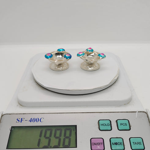 Pure Silver Fancy Diya Pair With Blue Flowers 20g