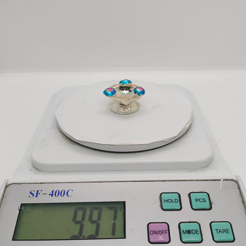 Pure Silver Fancy Diya Pair With Blue Flowers 20g