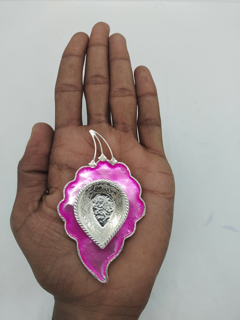 Pure Silver Fancy Diya Leaf Pattern In Pink 29.25g