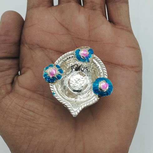 Pure Silver Fancy Diya Pair With Blue Flowers 20g