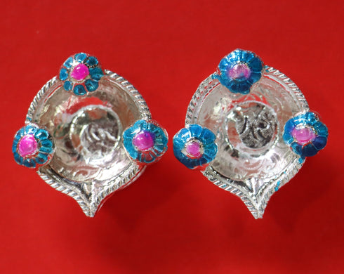 Pure Silver Fancy Diya Pair With Blue Flowers 20g