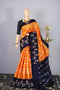 Ikkat Silk Orange With Navy Blue Color Saree