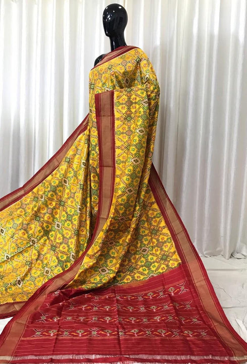 Ikkat Yellow With Maroon Color Patola Silk Saree