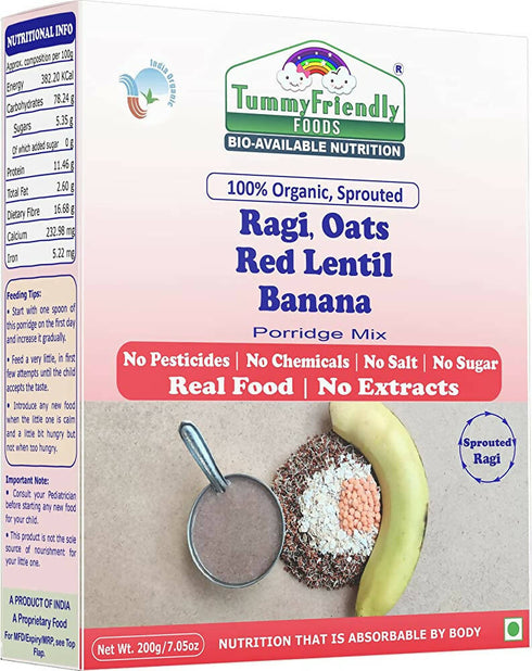 TummyFriendly Foods Organic Sprouted Ragi | Oats | Red Lentil | Banana Porridge Mix