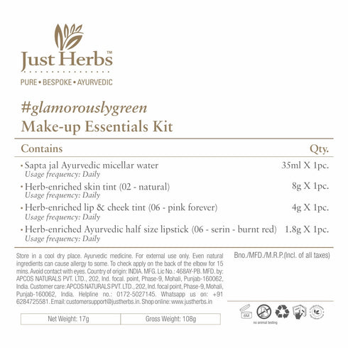 Just Herbs Ayurvedic Make-up Essentials Kit - GWP Miceller Water-35ml, Skin Tint-8g, Cheek Tint-4g, Lipstick-2g