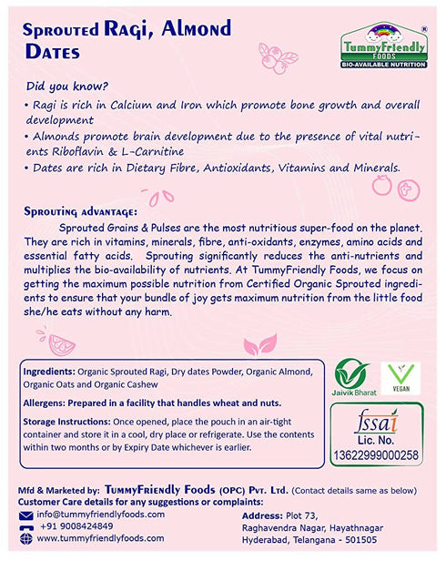 TummyFriendly Foods Organic Sprouted Ragi | Almonds | Dates Porridge Mix