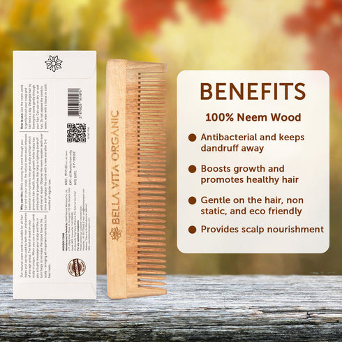 Bella Vita Organic Dual Teeth Wooden Neem Comb