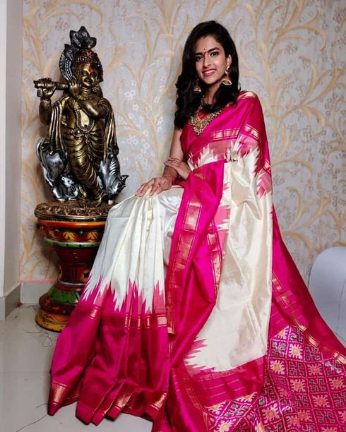 Ikkat Silk Magenta With Cream Color Saree